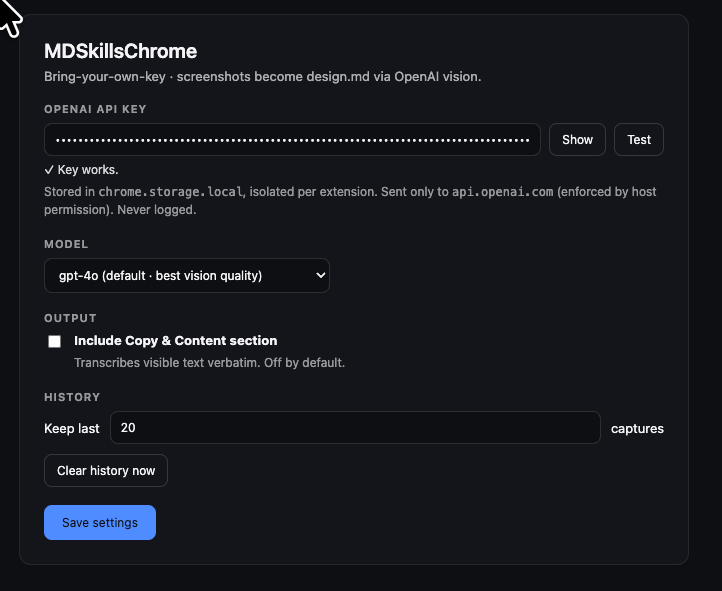 Options page with OpenAI API key field, Test button showing 'Key works', model selector, and history settings
