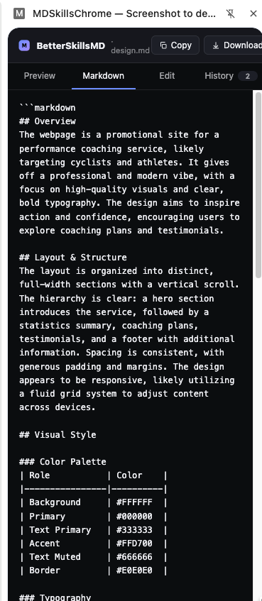 The Markdown tab of the side panel showing a generated design.md with sections for Overview, Layout, Visual Style, and a color-palette table with hex values